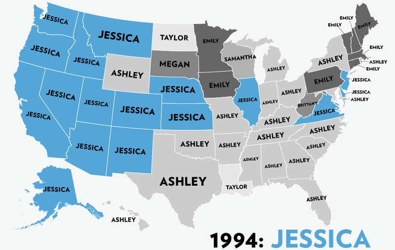 Illustration for article titled Map: Six Decades of the Most Popular Names for Girls, State-by-State